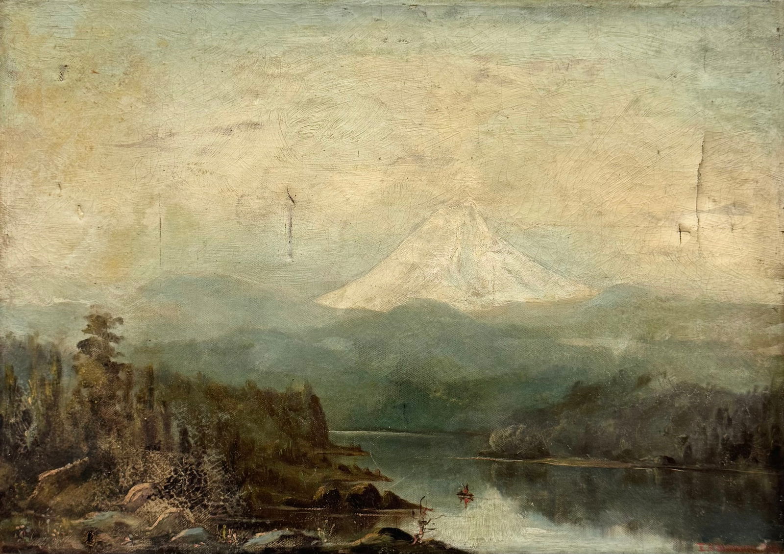 19th Century American School Landscape Mount Ranier With Native American Fisherman: Oil painting on canvas 24 3/8 x 17 3/8 in. Signed lower right. Dated 1988. You can see what appears to be a Native American figure on the river. Domestic Flat Shipping Price: $65