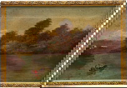 19th Century Dutch School Figures In Boat On Lake Oil Painting Signed Favelle