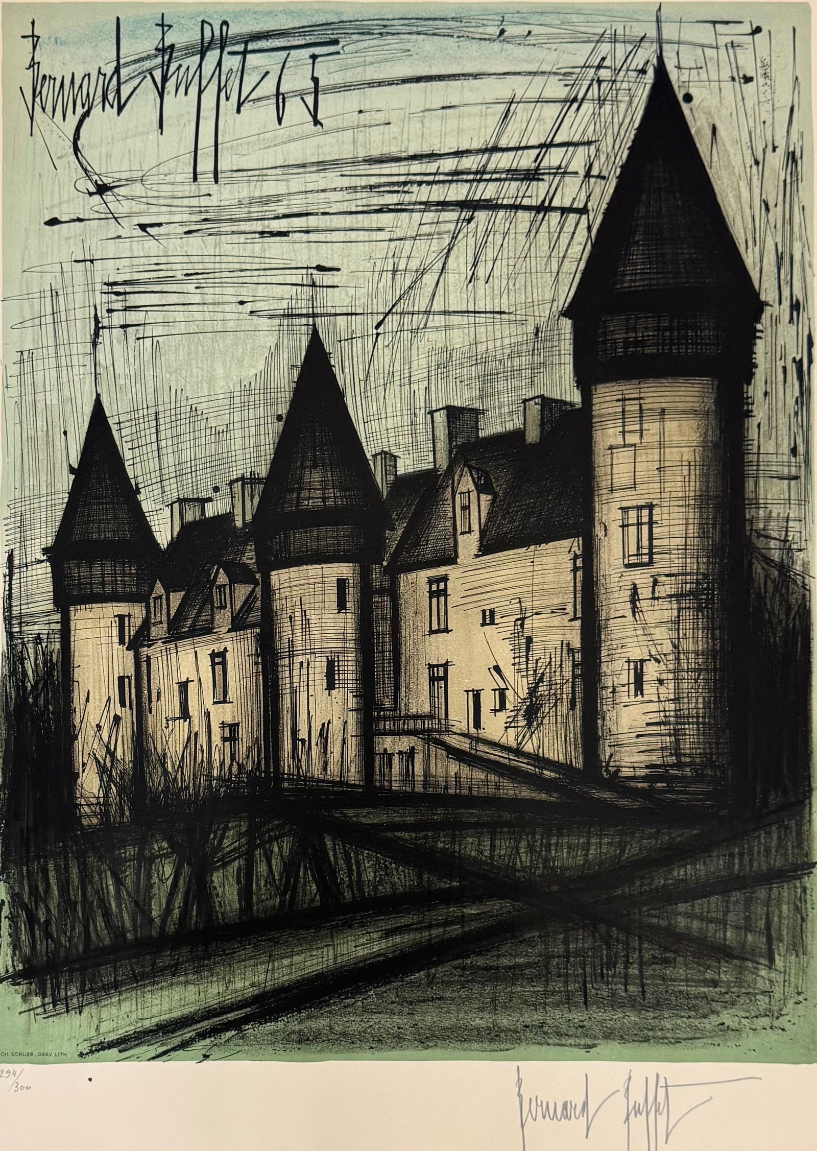 BERNARD BUFFETT (20th c, French) Pencil Signed Lithograph: Lithograph 15 1/2 x 19 1/2 in, 36 x 28 in (framed). Domestic Flat Shipping Price: $120