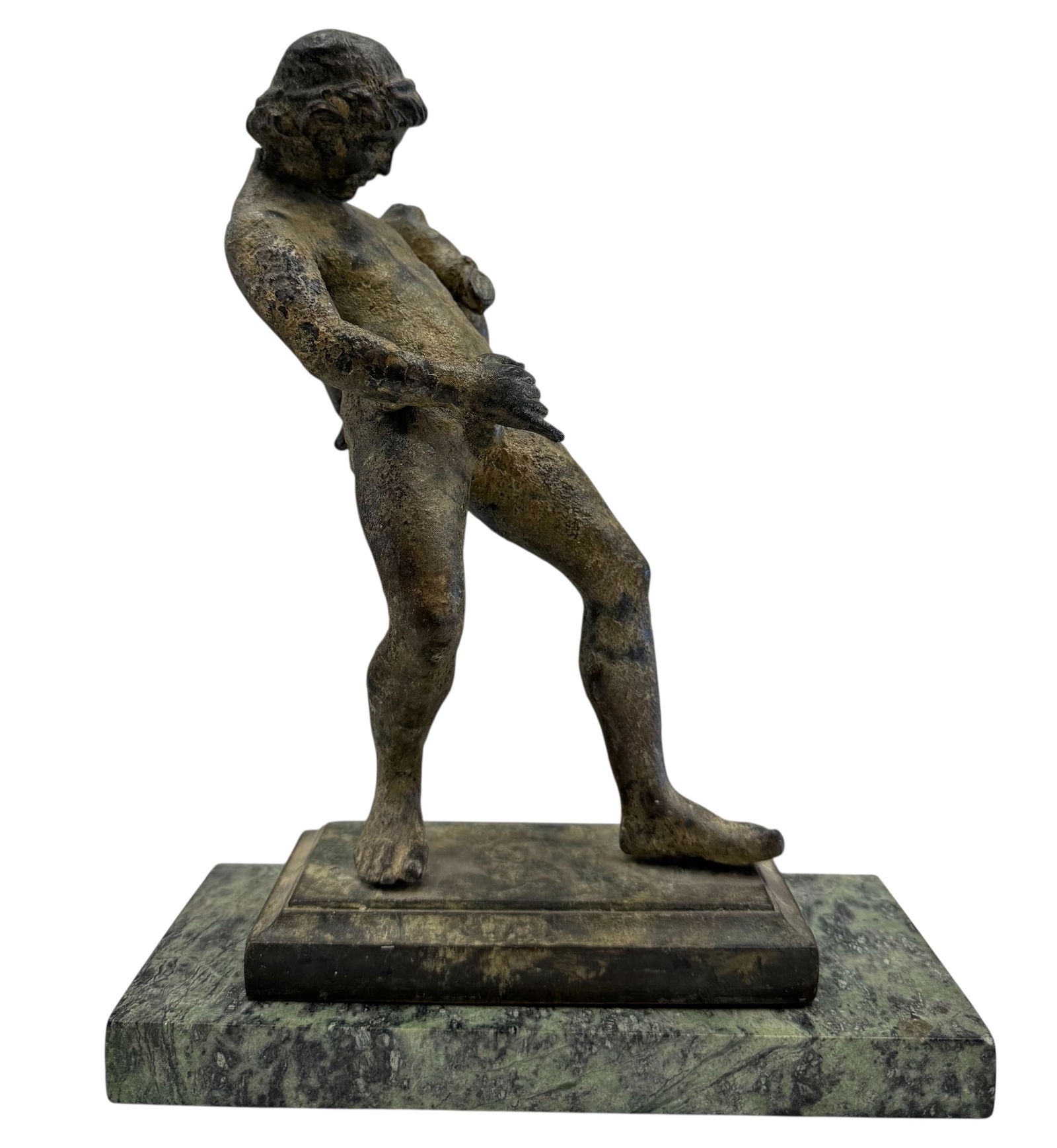 After Sabatino de Angelis, Faun Sculpture, 19th Century: Size 9 x 5 1/8 x 2 7/8 (sculpture size). Domestic Flat Shipping Price: $60. Comes with marble base but they are not attached.
