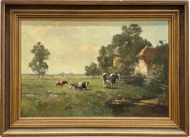 European Pastoral Landscape With Grazing Cows In Pasture Signed Illegibly