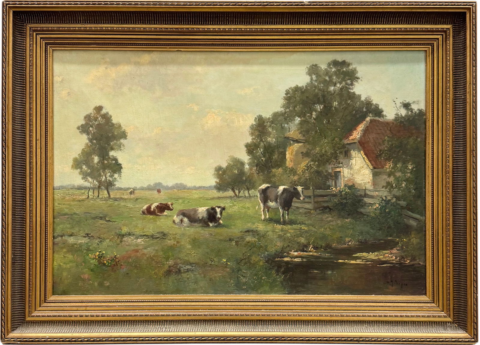 European Pastoral Landscape With Grazing Cows In Pasture Signed Illegibly: Artist unknown. Oil painting on canvas 29 1/2 x 19 1/2 in, 37 x 27 in (framed). Domestic Flat Shipping Price:$110