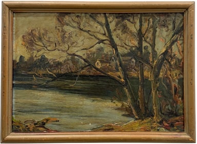 Early 20th Century American Impressionist Lakeside Landscape Signed Illegibly