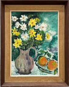 Vintage American Modernist Still Life Vase Of Flowers Signed Oil Painting