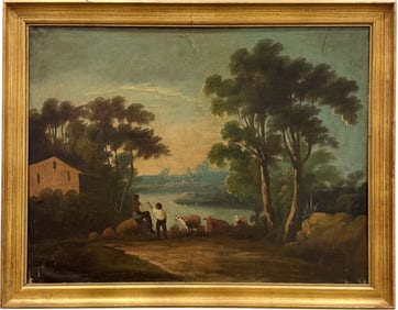19th Century European Continental School Landscape With Figures & Cows Oil Painting