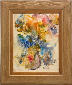 Nicely Framed American Modernist Still Life Of Flowers Signed Watercolor
