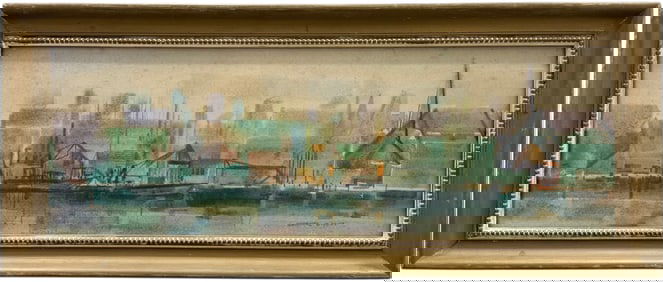 Mid-Century Modern Precisionist Cityscape Signed Watercolor Painting