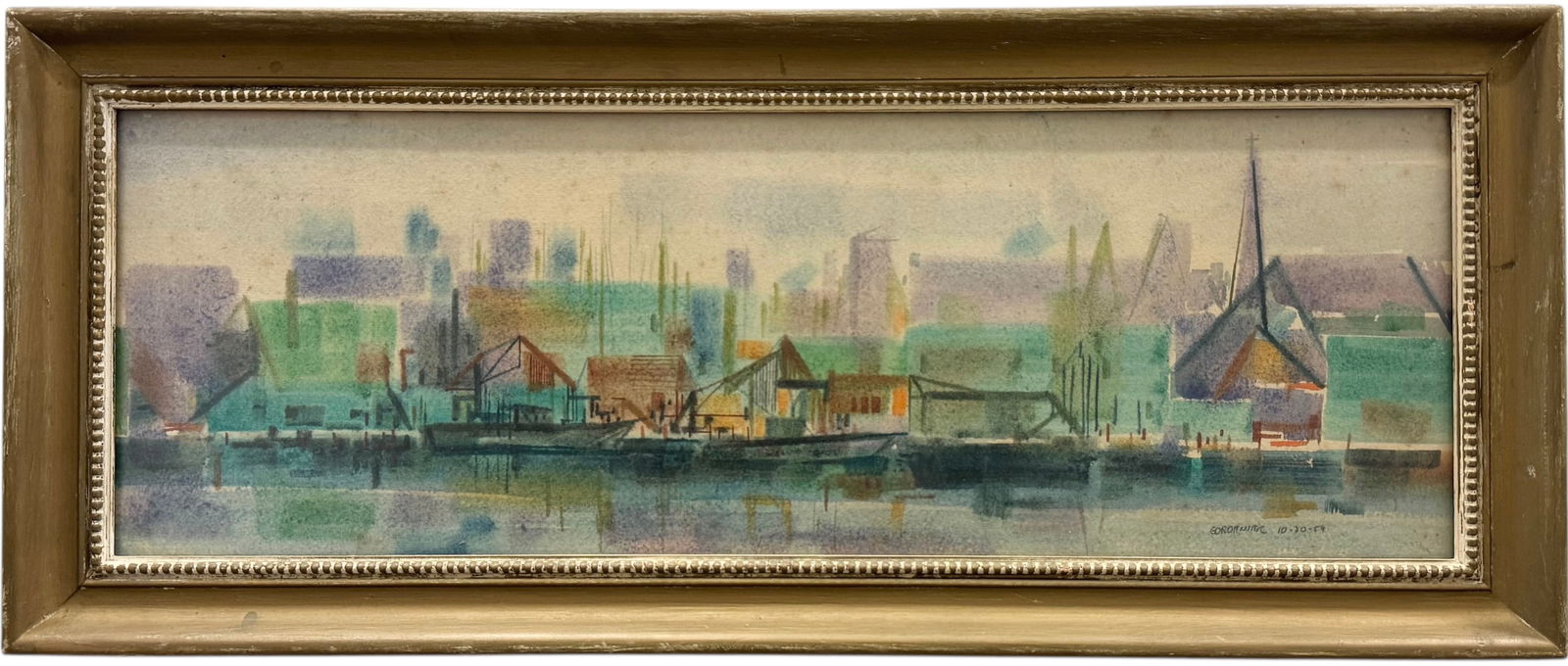 Mid-Century Modern Precisionist Cityscape Signed Watercolor Painting: Watercolor 27 x 7 1/2 in, 23 3/4 x 10 in (framed). Domestic Flat Shipping Price: $55
