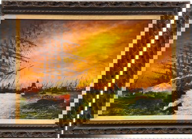 Mid-Century European Harbor Scene Signed Oil On Canvas Painting