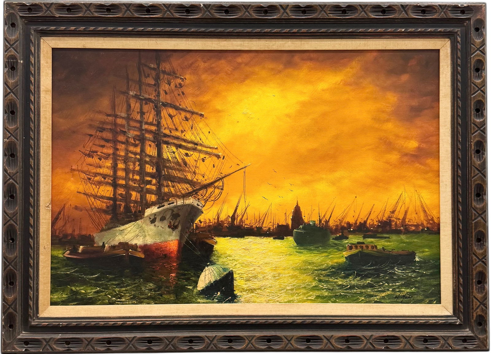 Mid-Century European Harbor Scene Signed Oil On Canvas Painting (1 of 3)