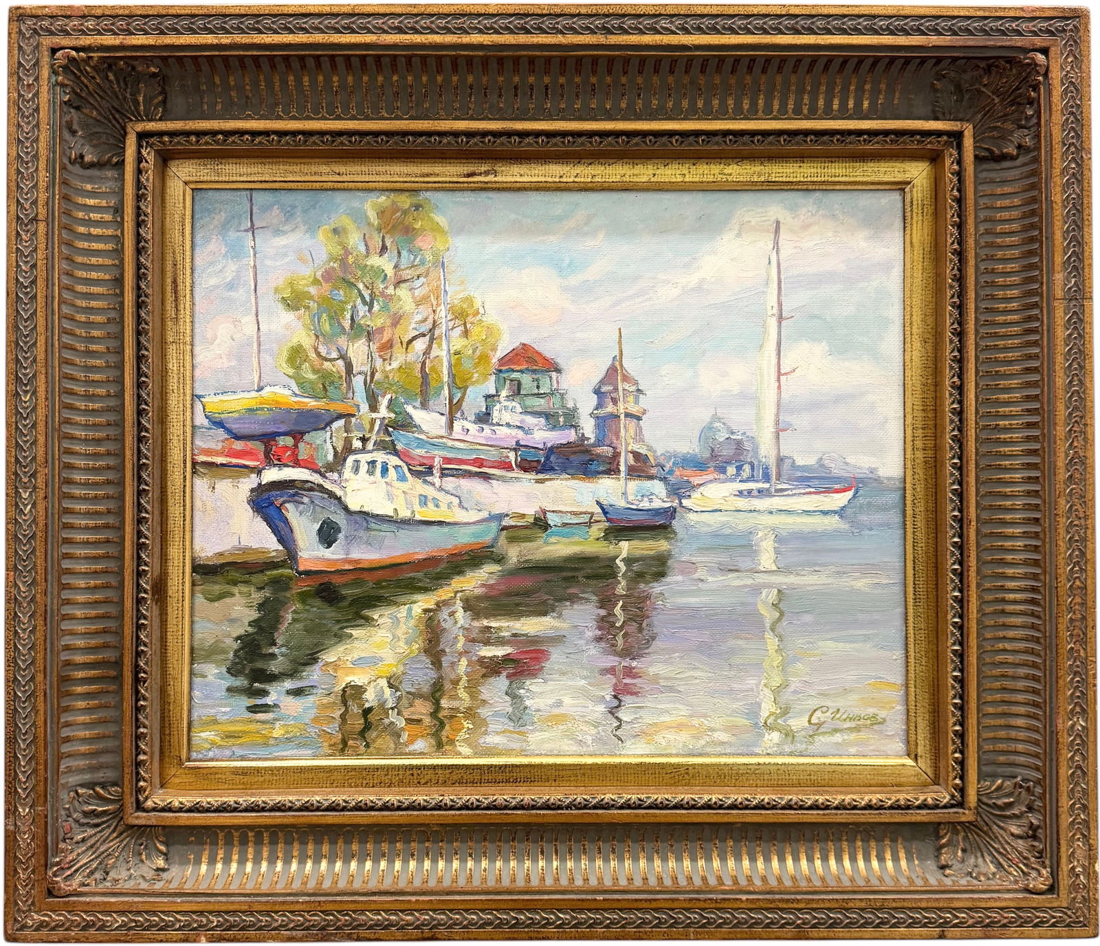 Russian School Impressionist Harbor Scene With Boats Signed Oil Painting (1 of 4)