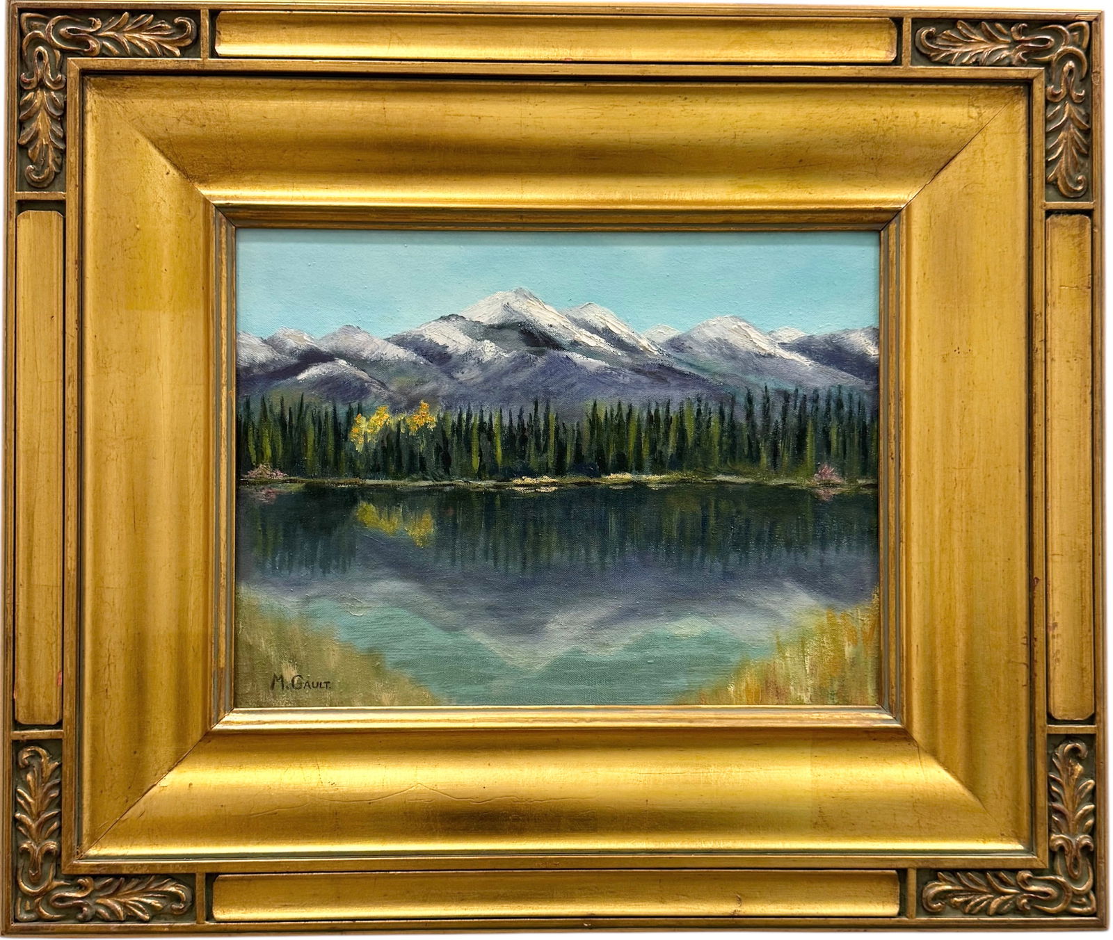 Nicely Framed American School Mountain Landscape Oil Painting: Oil painting on canvas 16 x 12 in, 26 x 22 in (framed). Domestic Flat Shipping Price: $70
