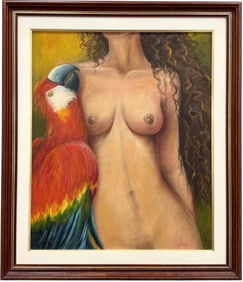 Latin American Nude Woman With A Parrot Signed Oil Painting