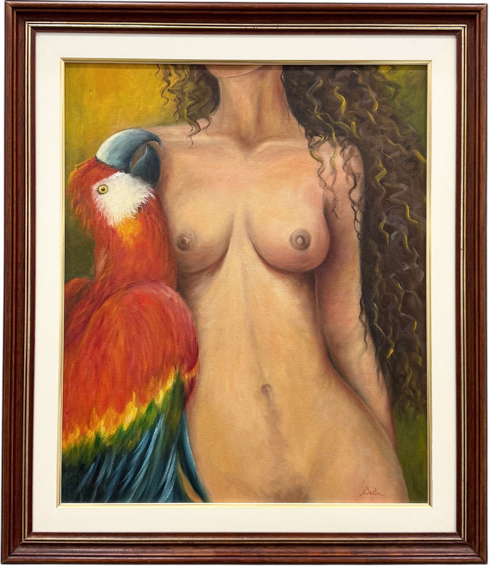 Latin American Nude Woman With A Parrot Signed Oil Painting: Oil painting on canvas 23 1/2 x 20 in, 29 x 25 in (framed). Domestic Flat Shipping Price: $80