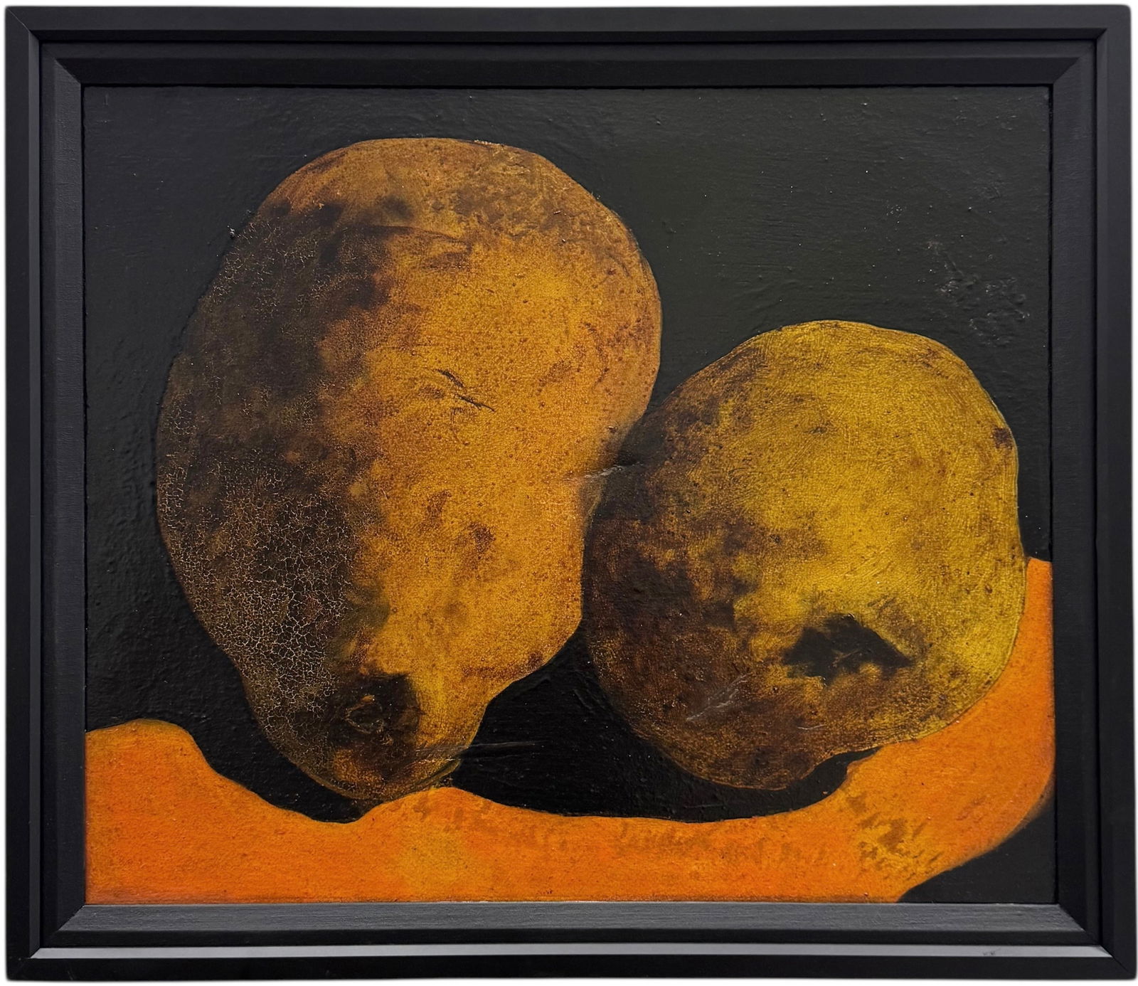 Mid-Century American Modernist Still Life Of Pears Signed Verso: Oil painting on canvas 26 x 22 in, 29 1/2 x 25 1/2 in (framed). Domestic Flat Shipping Price: $90