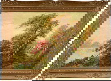 H King Large Early 20th Century European Lake Landscape Oil Painting