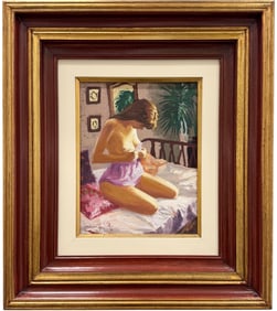 Brazilian Impressionist Nude Woman On Bed Signed Oil Painting