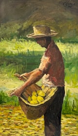 Impressionist Portrait Of A Farmer Possibly Filipino Signed Oil Painting