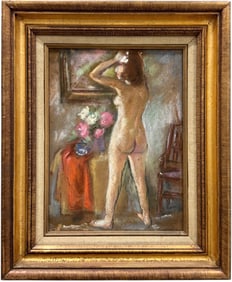 Nicely Framed American Modernist Interior Nude With Flowers Pastel Drawing