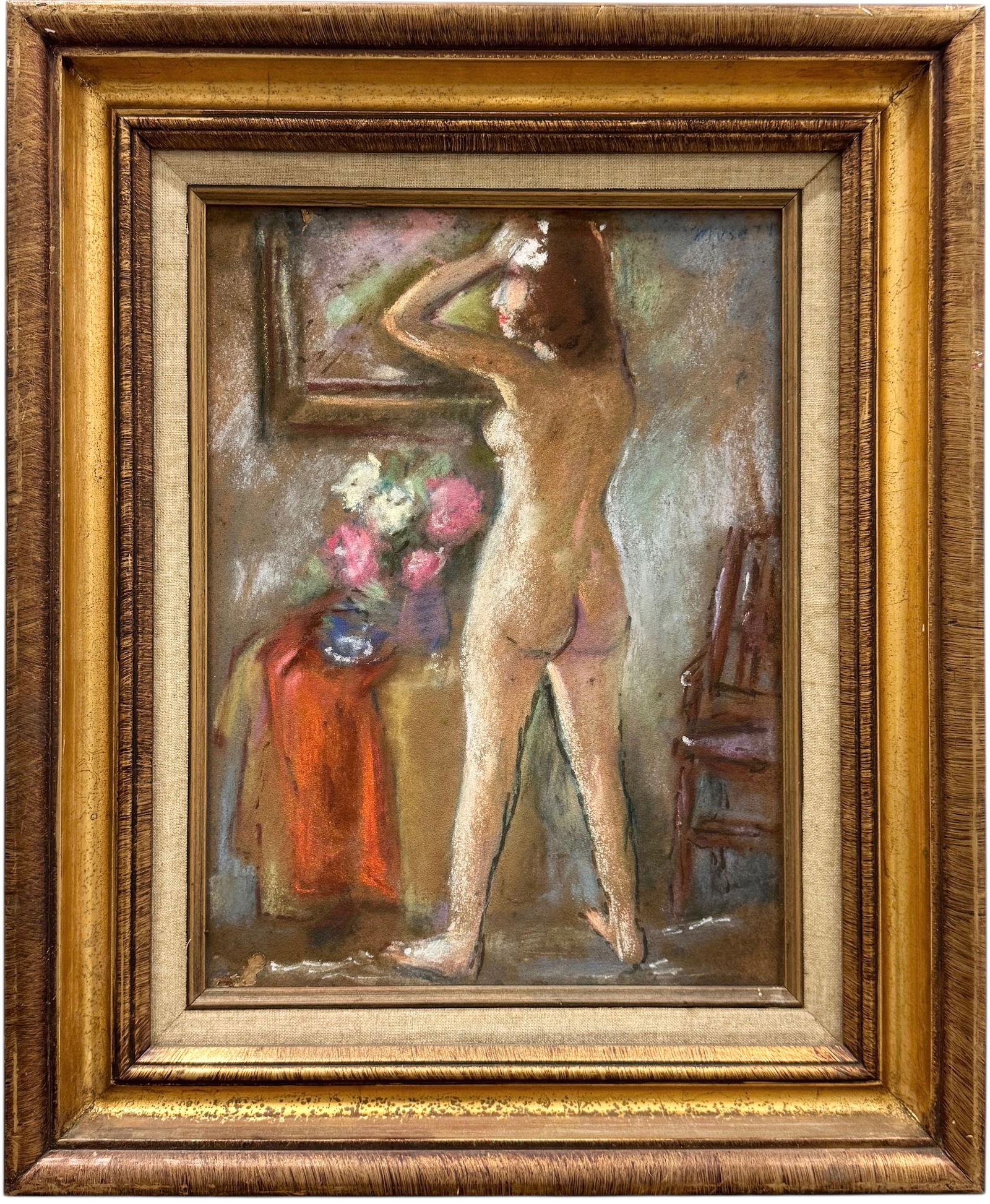 Nicely Framed American Modernist Interior Nude With Flowers Pastel Drawing: Pastel 16 x 12 in, 23 x 19 in (framed). Domestic Flat Shipping Price: $55