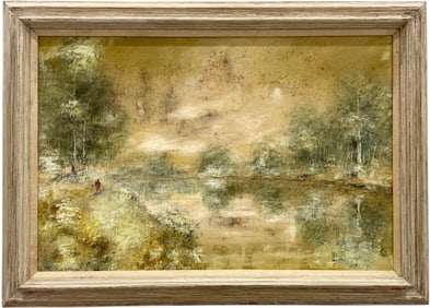 American School Modernist Landscape Signed Oil Painting