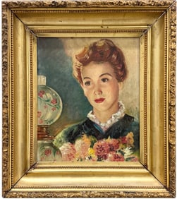 Nicely Framed Early 20th Century American Illustration Woman With Flowers