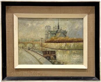 Paris School Modernist River Seine & Notre Dame Cathedral Painting Signed Ortiz