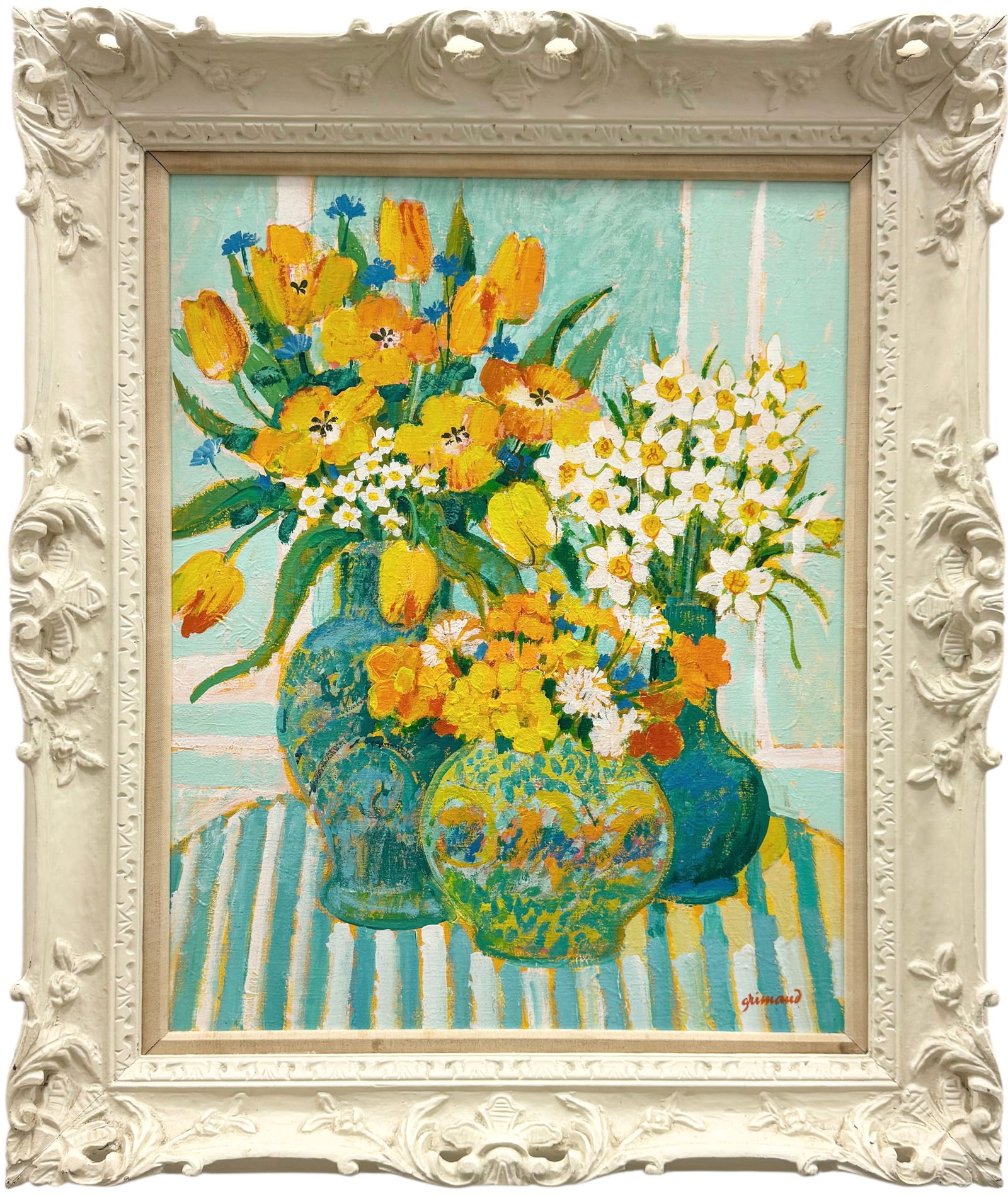 WILLIAM GRIMAUD (b. 1942, Scotland) Still Life Of Flowers, Large Frame: Oil painting on canvas 30 x 24 in, 39 x 33 in (framed). Domestic Flat Shipping Price: $140