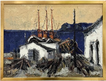 Mid-Century Modernist Harbor Scene Signed Illegibly & Dated 1964