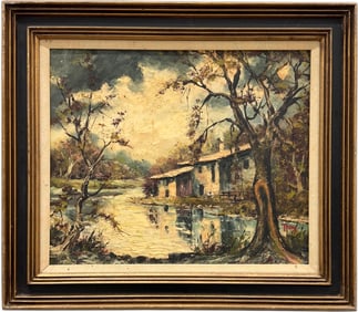 European Swamp Landscape With House Signed Oil Painting On Board