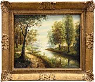 Nicely Framed Early 20th c Luminist European Forest Landscape With Stream Oil Painting