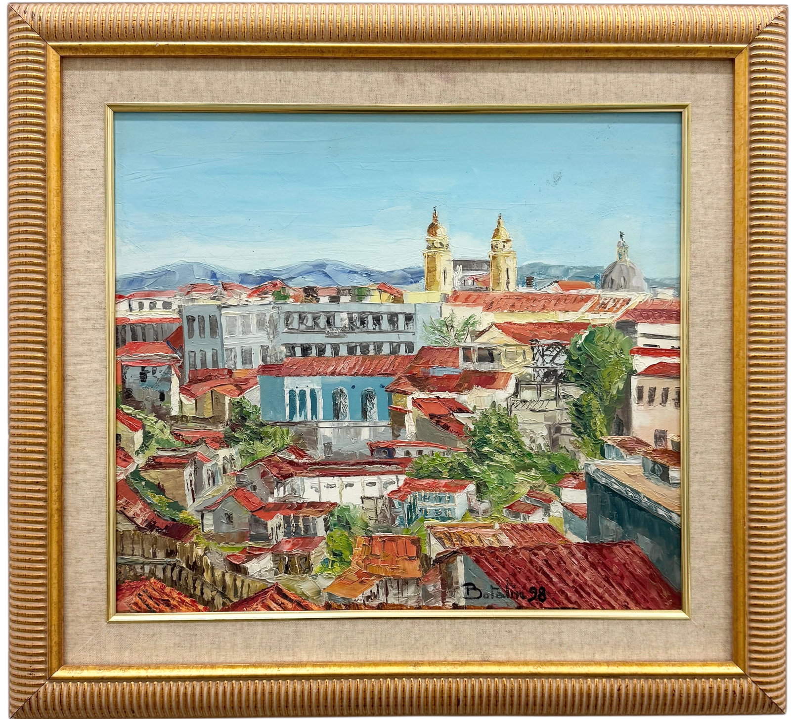 MIGUEL ANGEL BOTALIN (b. 1932, Cuba) Santiago de Cuba Cityscape: Oil painting on canvas 20 x 18 in, 26 1/2 x 24 1/2 in. Domestic Flat Shipping Price: $80