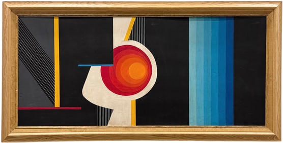 Modernist Linear Geometric Abstract Painting On Masonite