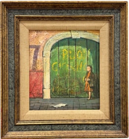 "Curiosity"  1950's Street Scene Nicely Framed Signed Oil Painting
