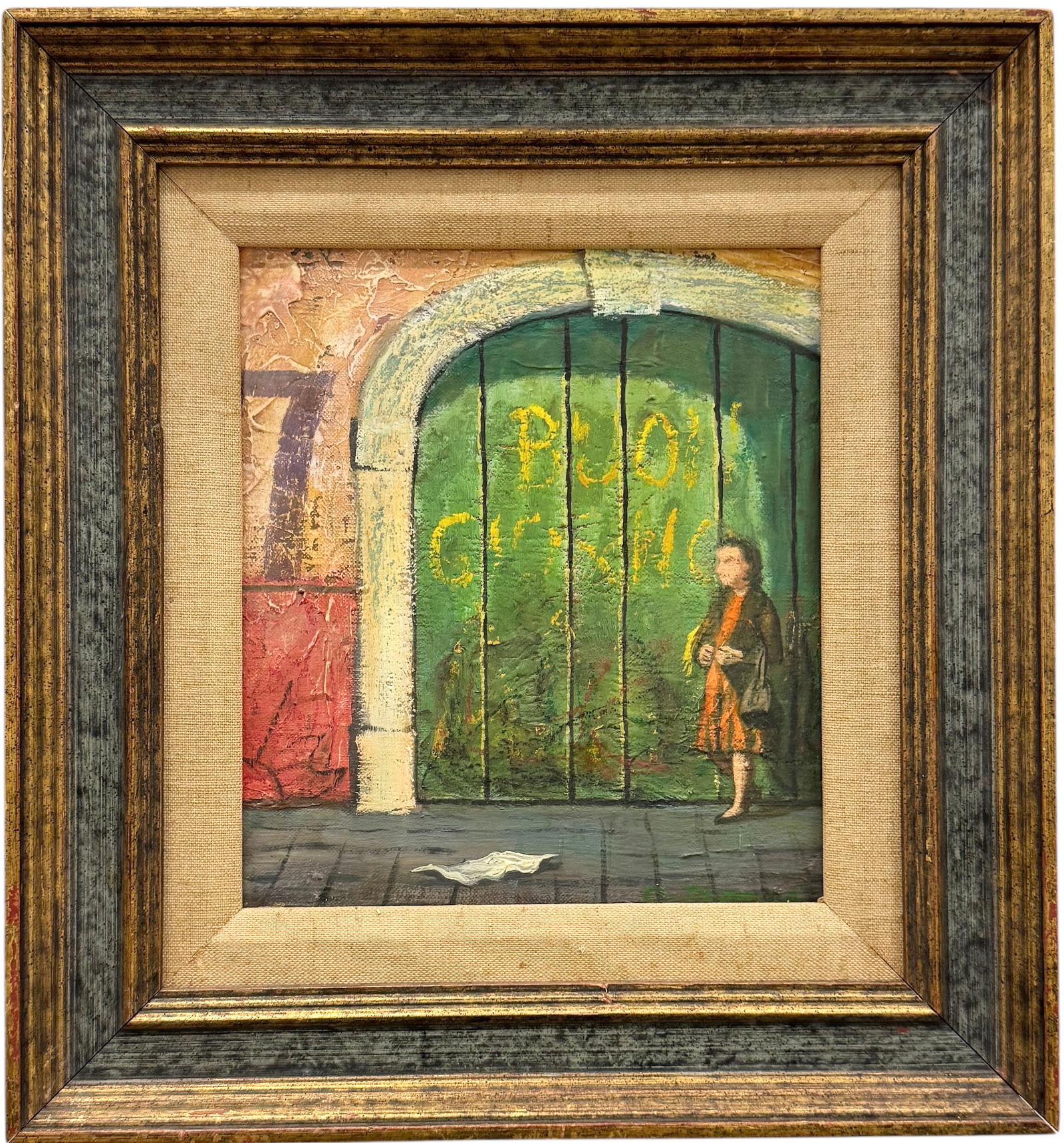 "Curiosity" 1950's Street Scene Nicely Framed Signed Oil Painting: Oil painting on canvas 9 1/2 x 8 1/2 in, 14 x 13 in (framed). Domestic Flat Shipping Price: $45