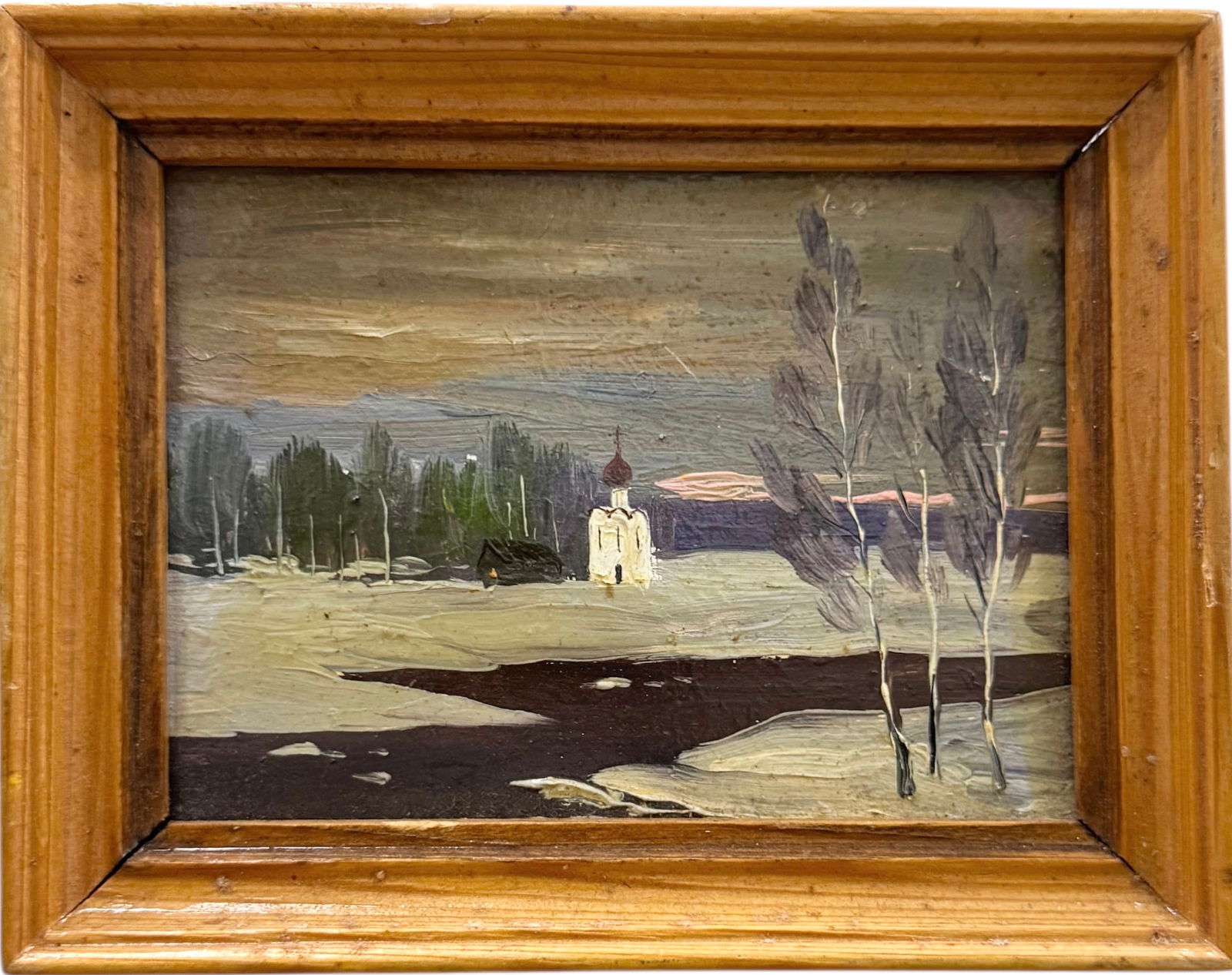 Small Russian School Impressionist Winter Landscape With Church: Some writing verso. Oil painting on board 5 1/2 x 4 1/2 in (framed). Domestic Flat Shipping Price: $30