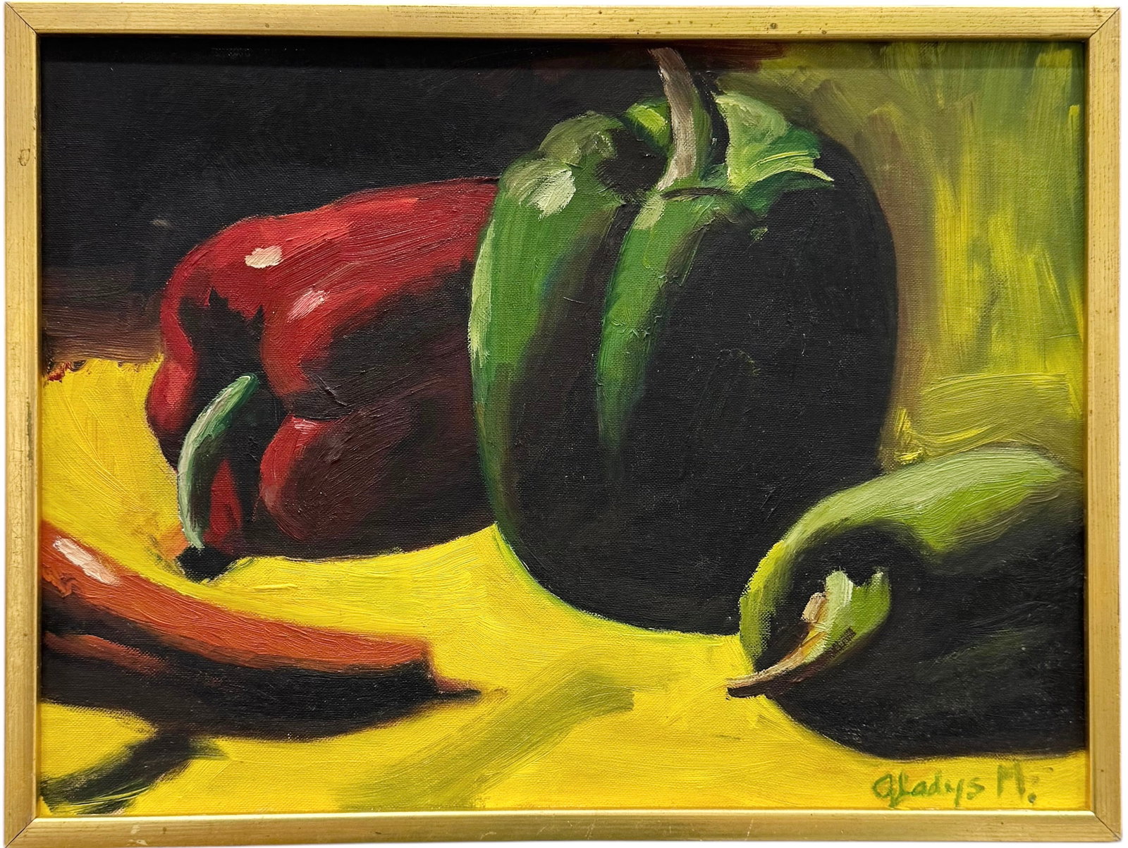 Mid-Century American Modernist Still Life Of Peppers Signed Oil Painting: Oil painting on board 12 x 16 in. Domestic Flat Shipping Price: $45