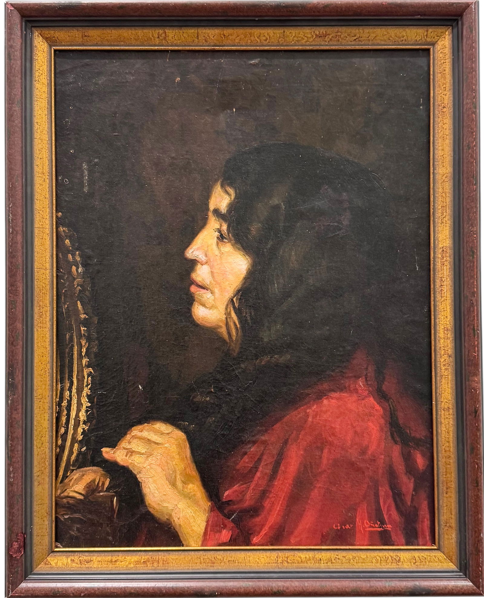 Latin American School Signed Realist Portrait Of A Woman Looking In The Mirror: Oil painting on canvas 25 x 19 in, 29 1/2 x 23 1/2 in (framed). Domestic Flat Shipping Price: $80