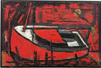 Mid-Century Modern American Painting Of A Boat Oil On Canvas