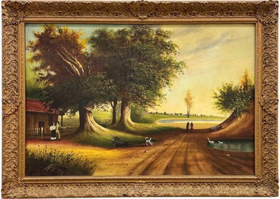 Early 20th Century American Folk Art Large Landscape Signed Oil Painting