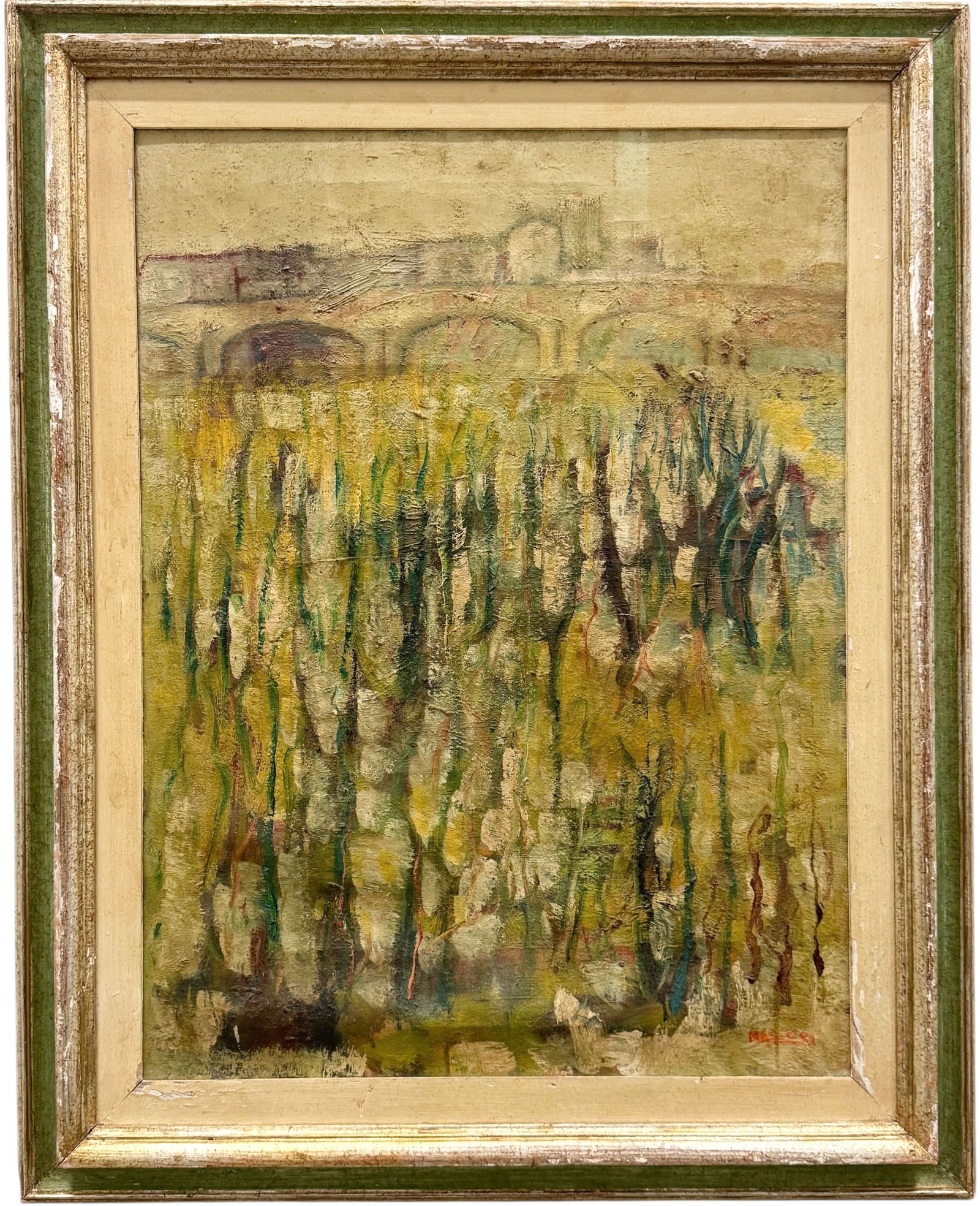 ENZO MASIERI (1898-1970, Italian) Modernist Florence Landscape: Oil painting on canvas 31 1/2 x 23 1/2 in, 39 1/2 x 31 1/2 in (framed). Domestic Flat Shipping Price: $120