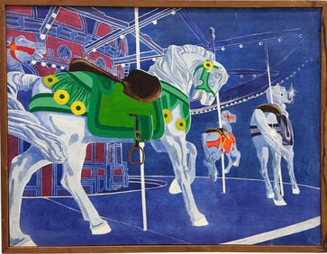 Vintage American Modernist Horse Carousel Painting Signed Oil On Canvas