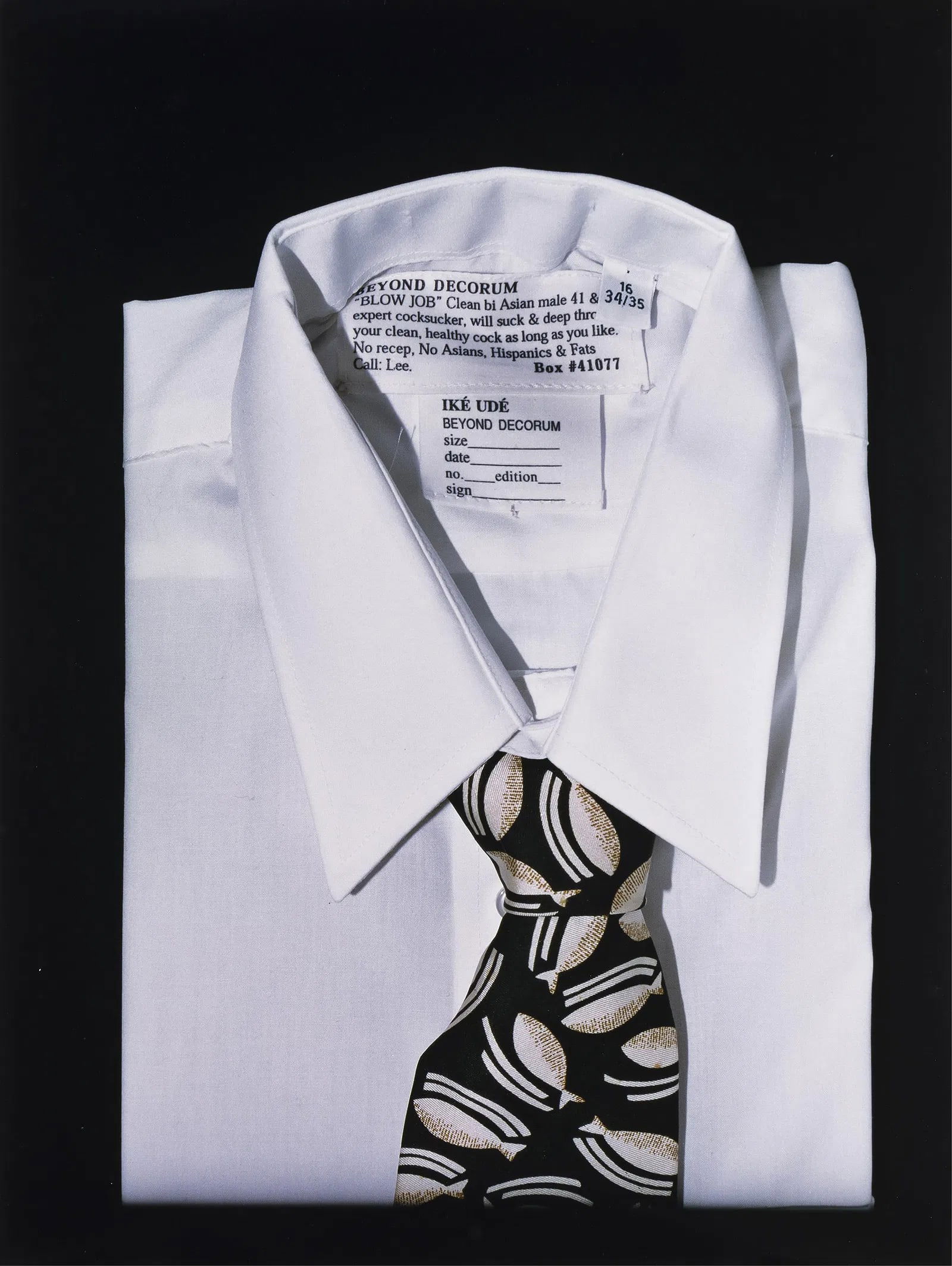 IKE UDE (20th c, Nigerian) Beyond Decorum C-print Shirts: Signed verso. Size 40 x 30 in. Domestic Flat Shipping Price: $120. Shipped flat, boxed.