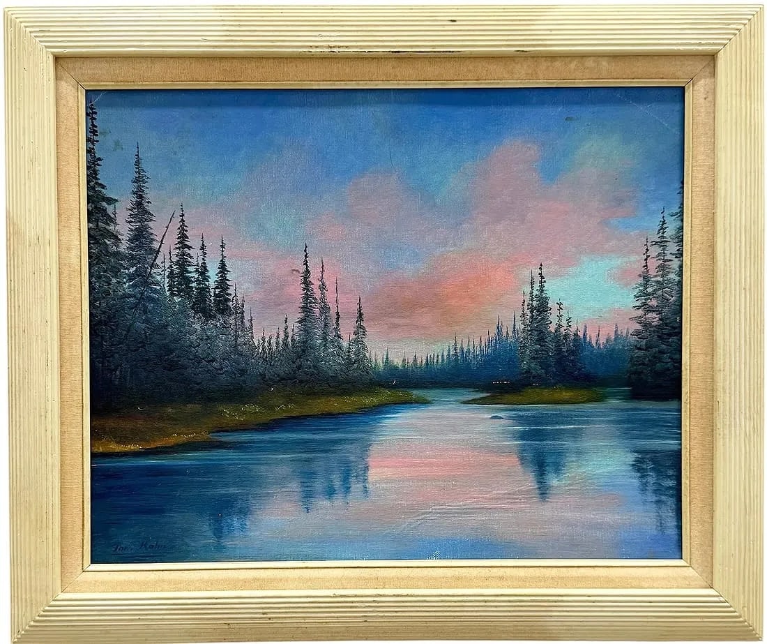 THOMAS M ROHN (20th c, American) Minnesota Lake Landscape: Oil on board 20 x 16 in, 25 x 21 in (framed). Domestic Flat Shipping Price: $55