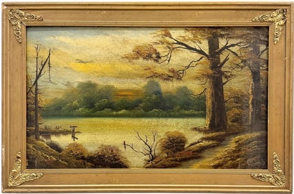 19th or Early 20th c American School Lake Landscape Oil Painting