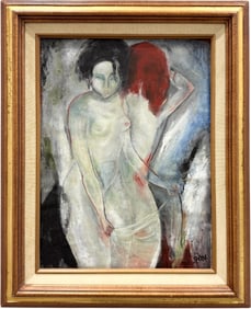 Modernist Nude Figural Abstract Of Two Women Signed Oil Painting