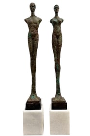 Pair Of Giacometti Style Large Bronze Sculptures On Marble Bases