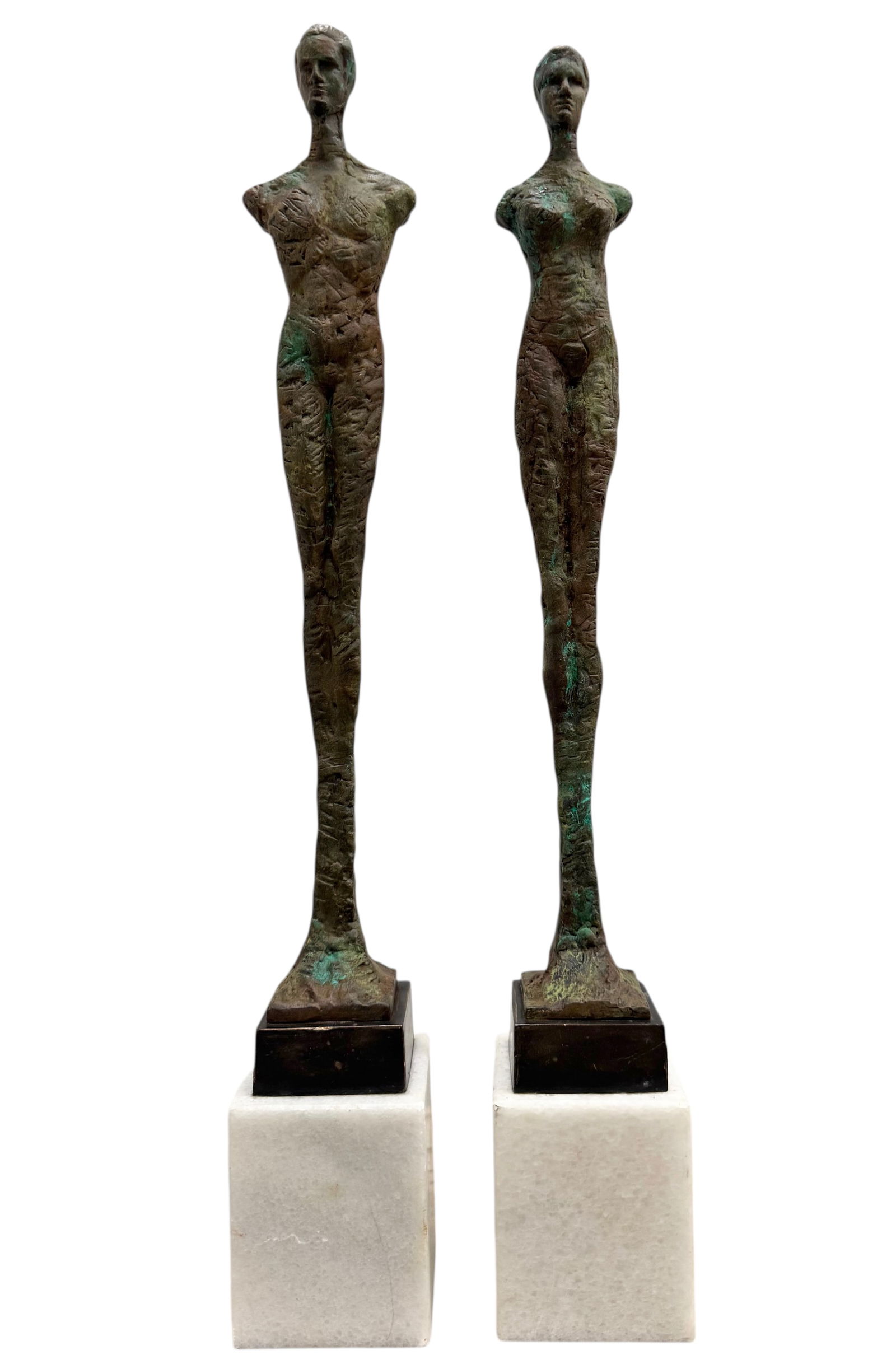 Pair Of Giacometti Style Large Bronze Sculptures On Marble Bases: 21 x 3 x 3 in, 20 1/2 x 3 x 3 in. Heavy items. Domestic Flat Shipping Price: $110