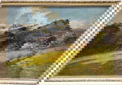 Early Italian School Impressionist Alpine Mountain Landscape Signed Painting