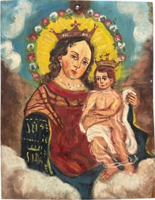 Antique Hand Painted Mexican Hacienda Retablo Madonna & Child